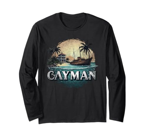 Retro Grand Cayman Island Paesaggio Vintage Souvenir Maglia a Manica