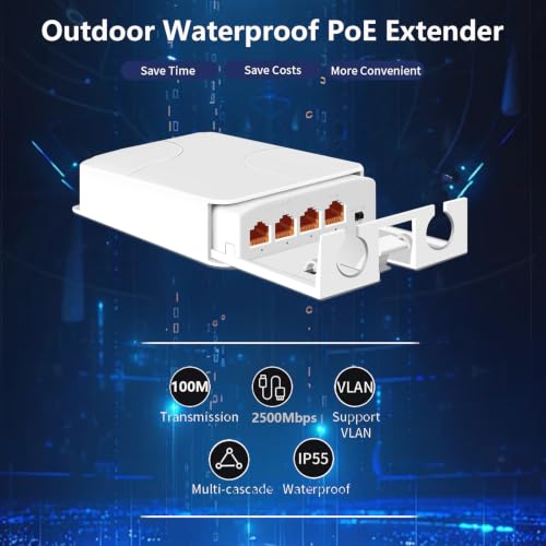 Image of 4 Port Outdoor 2.5Gbps PoE Extender 1 in 3 Out-IEEE 802.3af /at, 90W in 30W Out Waterproof PoE Repeater with 100 /1000 /2500Mbps, Vlan, PD Auto-Detection, Extend to 100m, Wall Mount Plug & Play