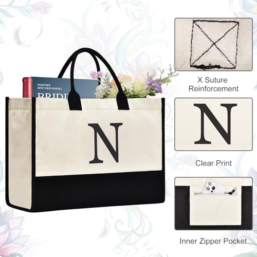 Image of GASSDA Initial Canvas Tote Bag Birthdays Gift for Women Mom Teacher Friend Bridesmaid,Custom for Wedding Beach Holidays