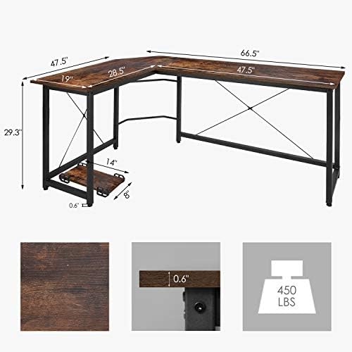 AuAg Modern L-Shaped Home Office Desk with Iron Hook, 66 inch Sturdy Computer PC Laptop Table Corner Desk Workstation Larger Gaming Desk Easy to Assemble (Vintage Wood)