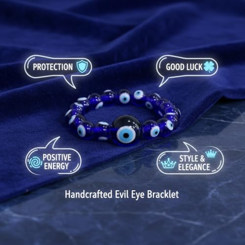 Image of Arihant Gems & Jewels Feng Shui Blue Evil Eye Bracelet with Laughing Buddha Charm | Nazar Batu Beaded Stretch Bracelet for Protection, Good Luck & Prosperity (Unisex)