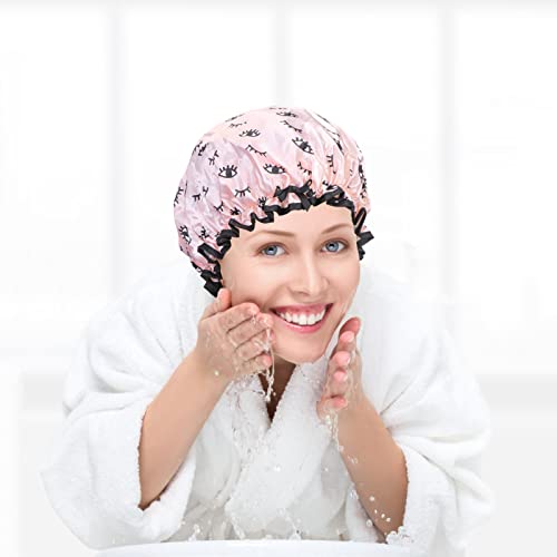 Arqumi 2 Pack Shower Cap, Polyester Satin Shower Cap, Waterproof Pattern Shower Cap Bath Cap With Elastic Band, Pink+Bk #TOP6