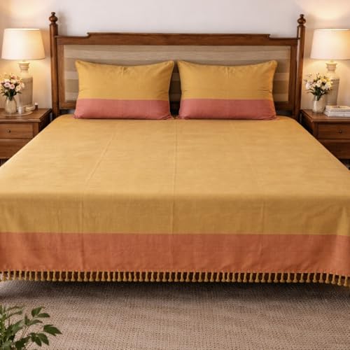 Image of RANGBHAR Handloom Premium Bedsheet King Size | 100% Cotton Bed Sheet with 2 Pillow Covers | Hand Woven, Striped Bed Cover | 250 GSM Premium Heavy Bedspread | King Size 100x98 inch | Mustard