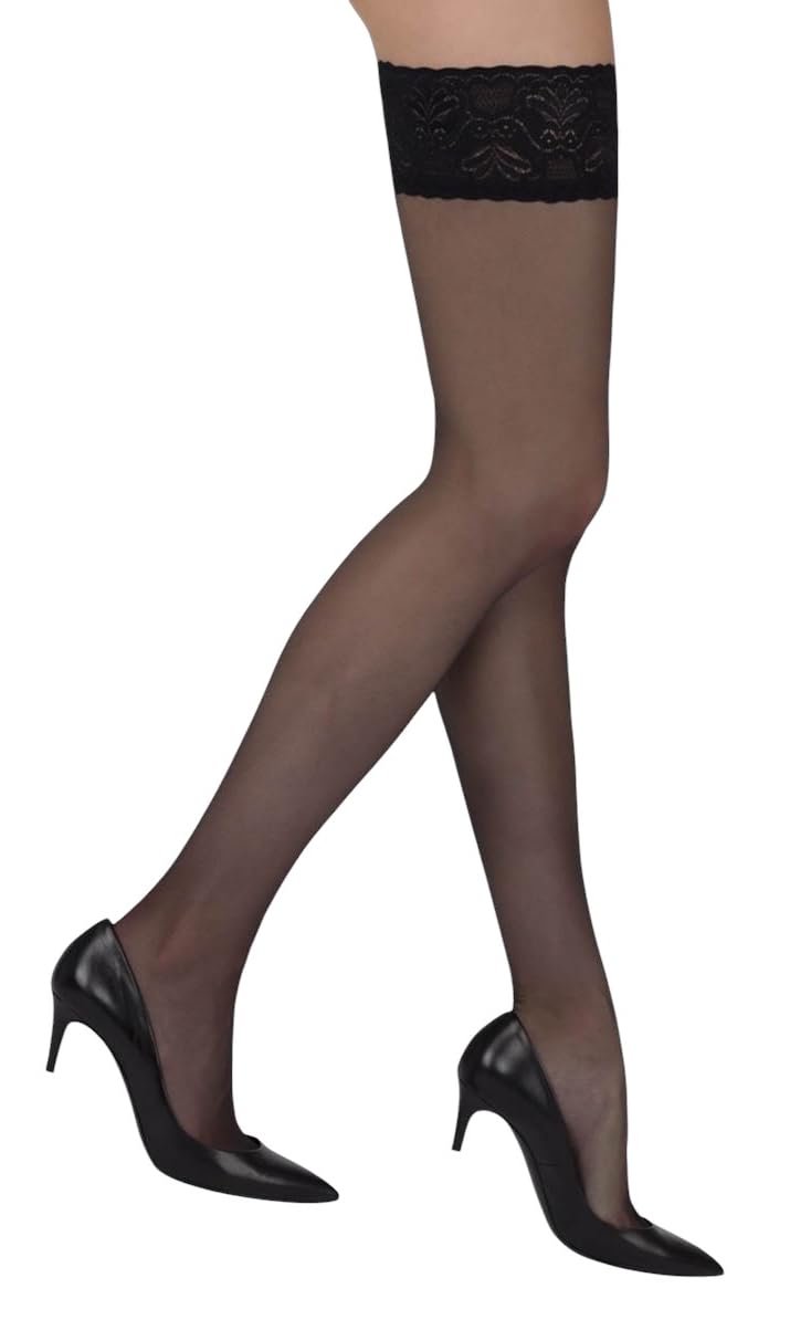 Mytoptrendz Women's Black Mytoptrendz® Hold Ups For Sheer Thigh High Stockings Stay Up Stockings Non-Slip Silicone With Wide Lace Top (Uk, Alpha, M, Regular, Regular, )