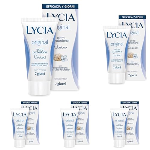 Lycia - Original Deodorante in crema, Extra Protezione per 7 giorni, Senza Alcool, Effetto Asciutto e Vellutato, con Burro di Karitè, 30ml (Confezione da 5)