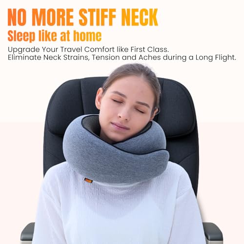 Image of LOEXAIR Travel Pillow, Neck Pillow Travel for Airplane, Car - 100% Cotton Fabric & Memory Foam Plane Pillow, Lightweight & Easy-to-Carry on Flight, Full Travel Set (Eye Mask, Earplugs) - Light Grey