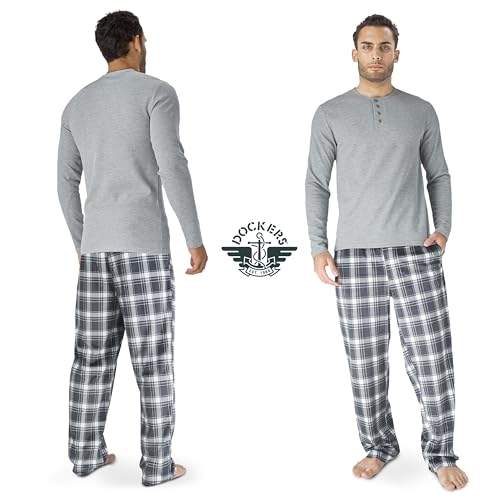 DOCKERS Men's Pajama Sets, Plaid PJ Pants for Men and Waffle Henley Long Sleeve Shirt2