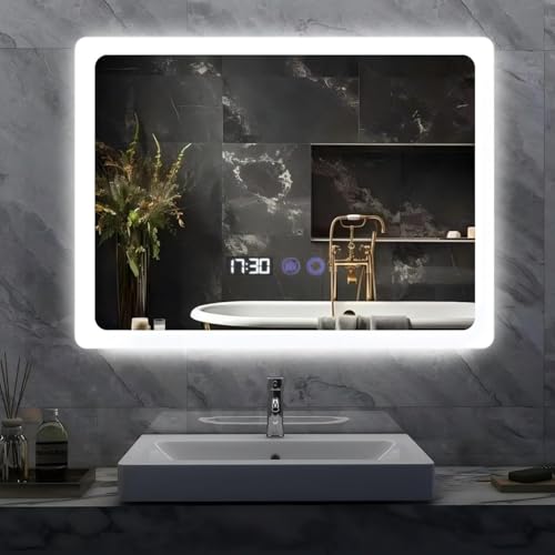 YU YUSING Badspiegel mit Beleuchtung 80x60cm Badezimmerspiegel LED mit 3 Lichtfarben Dimmbar,...