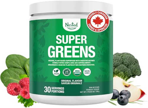 Nested Naturals Super Greens Daily Superfood Powder - Certified USDA Organic Green Powder w/20+ Whole Foods, Spirulina Powder,Wheat & Barley Grass - Probiotics, Fiber & Enzymes - Original Flavour, 30
