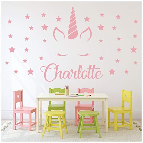 azutura Nom personnalisé Etoiles Licorne Sticker Muraux Disponible en 5 Dimensions et 25 Couleurs Rose Rose