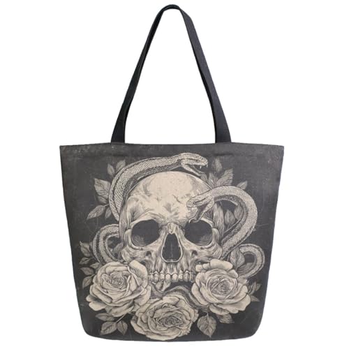 Skull in Roses Snakes Dark Extra Large Canvas Gym Shoulder Tote,Durable Reusable Daily Top Handle Bag for Mens Womens Yoga Weekender Picnic Beach Travel Market Shopping