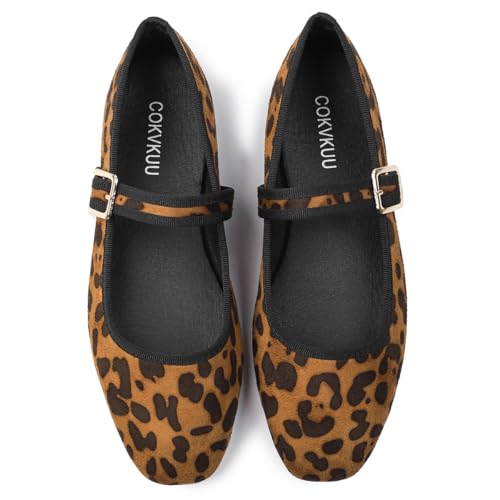 Cokvkuu Women's Leopard Print Square Toe Soft Bottom Flat Shoes, with Back Strap Hem Design, Simple Retro Mary Jane Style Slip-on Fashionable and Comfortable Casual Shoes, Suitable for Daily wear