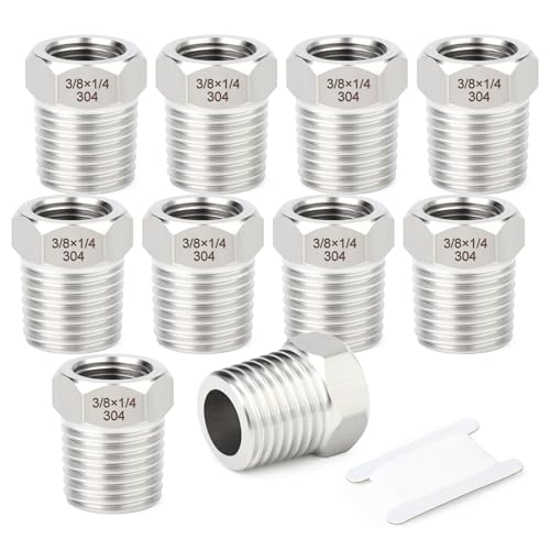 TAISHER 10PCS 304 Stainless Steel New Reducer Hex Bushing, 3/8\" NPT Male x 1/4\" NPT Female, Reducing Pipe Adapter Fitting