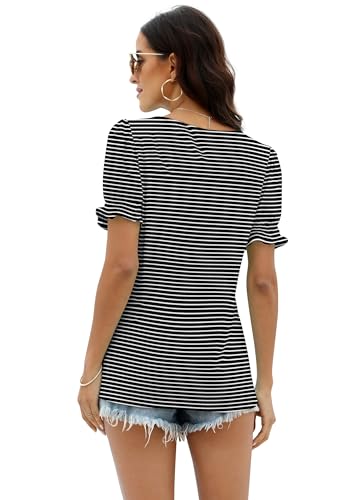 Image of WIHOLL Tops for Women Summer Casual Ruffle Trim Sleeve Square Neck T Shirts