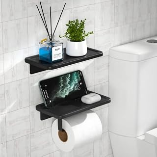 Toilet Roll Holder, Double Toilet Paper Holder with Shelf Wall Mounted or Nail-free Glue Strong Stickiness Toilet Roll Holders for Bathroom Toilet Washroom Kitchen Hotel(Black)