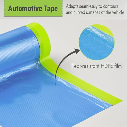 Image of Pre-Taped Masking Film for Painting - 44 inch x 66' Plastic Sheeting with Automotive Paint Tape, Easy Tear, No Residue - Painter's Tape and Drape for Car, Wall, Window & Furniture Protection