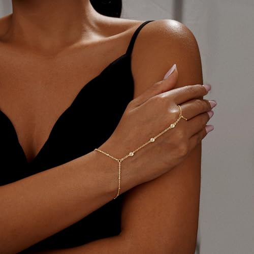 Gold Hand Chain Bracelet for Women Trendy, Dainty 14k Gold Ring Bracelet Hand Chain Finger Ring Slave Cuff Bracelet Cubic Zircon Gold Bracelets Jewelry Accessories for Women2