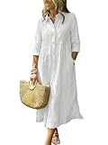 ebossy Women's Boho Striped Shirt Dress 3/4 Sleeve Button Up Side Slit Loose Mid Long Cotton Dress with Pockets (M, White)