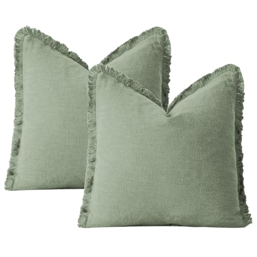 Pack of 2 Cotton Linen Throw Pillow Covers - Decorative Farmhouse Boho Cushion Covers With Fringe for Bed Living Room - Plain Square 50x50cm Green