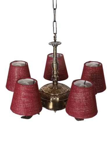 Image of Devansh 05 Lights Maroon Jute conical Shade with Antique Golden Chandelier