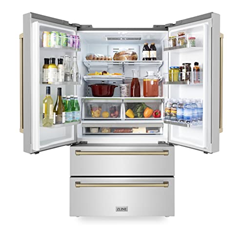 Zline 36" Autograph Edition 22.5 Cu. Ft Freestanding French Door Refrigerator With Ice Maker In Fingerprint Resistant Stainless Steel With Champagne Bronze Accents (Rfmz-36-Cb) #TOP2