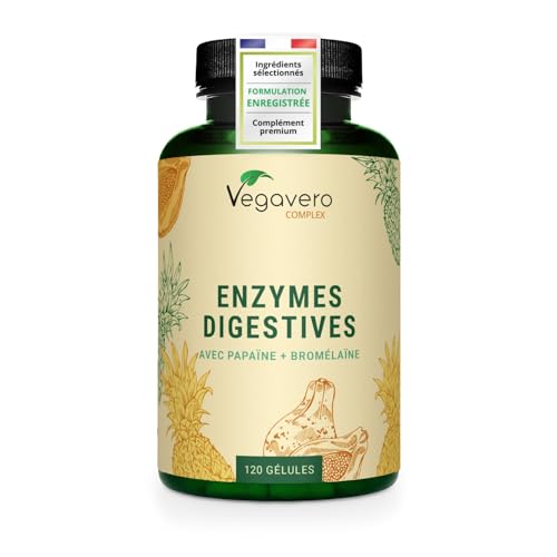 Enzymes Digestives Vegavero® | VEGAN & NATUREL | Bromélaïne, Papaïne, Amylase, Lipase, Cellulase + Calcium (Aquamin™) | Sans additifs | Digestion Difficile | 120 Gélules Drcaps®