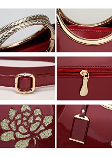 Smallbluer Top-Handle Handbags Purse For Women Embroidered Flower Pattern Patent Pu Tote Shoulder Bag Satchel-White #TOP4