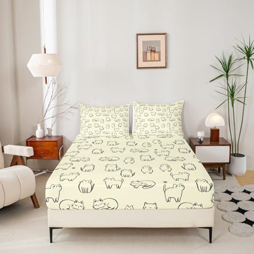 Image of Kawaii Cat Fitted Sheet Set Full Size 4 Pcs,Kitten Silhouette Yellow Teens Sheets,Cartoon Animals Pets Bedding Sets (1 Fitted,1 Flat,2 Pillowcases) Luxury Deep Pocket Bed Sheets