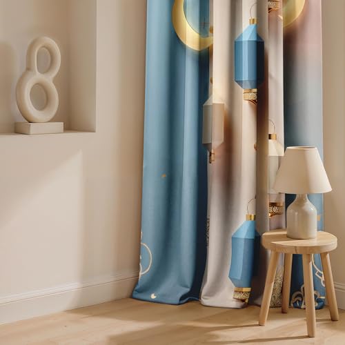 Image of Ultimate Trends Festival Themed Light Filtering Polyester Curtain Lanterns & Crescent Moon Print | Ideal for Festivals, Living Room Dcor | Eyelets|, 6 FEET (Pack of 2)