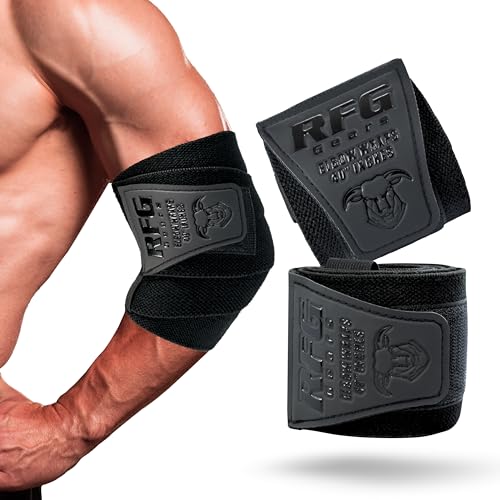 RFG Elbow Wraps for Weightlifting, 40” Adjustable Gym Strap, Premium Cotton, Elastic Blend & Anti Sweat Material - Elbow Brace for Powerlifting, Deadlifts, Pair (Jet Black, 40 inches)