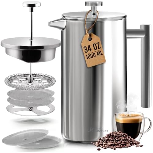 Utopia Kitchen 304 Grade Stainless Steel French Press 34 Oz, Silver
