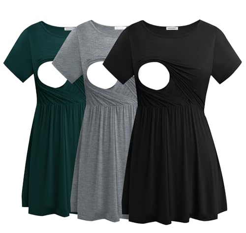 Smallshow Mujer Camiseta Lactancia Manga Corta T Shirt Premama Embarazada 3 Pack,Black Deep Green Light Grey,L