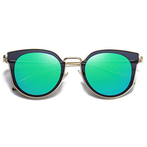 SOJOS Fashion Round Polarized Sunglasses for Women UV400 Mirrored Lens SJ1057 with Gold Frame/Green Mirrored Lens