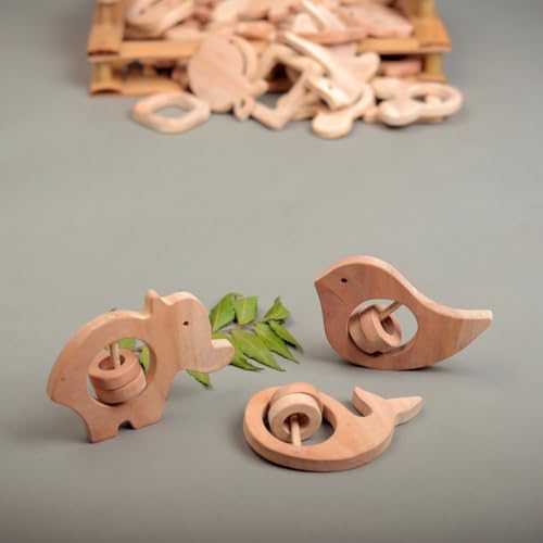 Image of Natural Neem Wood Baby Teether - Handmade Animal Shape Wooden Toy - Non-Toxic, Organic Chew Aid for Teething - Safe for Gums - Biodegradable, Eco-Friendly Gift for Infants & Toddlers (Neem Wood Baby Teether Set -3)