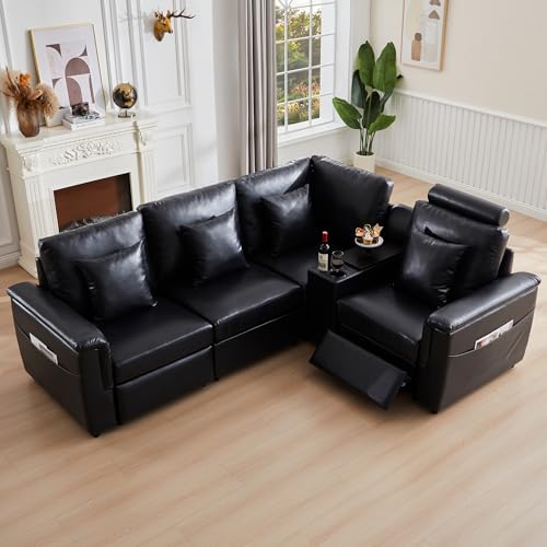 Image of RARZOE Faux Leather Sectional Sofa with Power Recliner, L Shaped PU Leather Couch with Storage Console Charging Cup Holders, 4 Seater Oversized Modular Reclining Couches for Living Room,Black