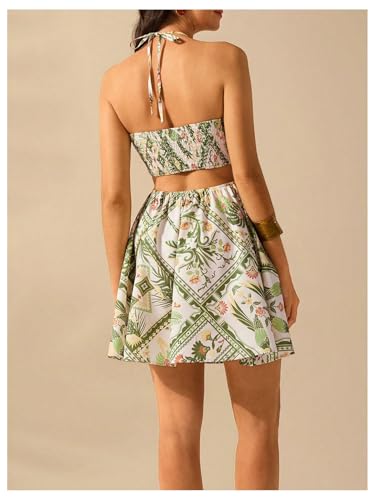 MakeMeChic Women's Summer Tropical Print Mini Dress Sundress 2025 Halter Backless Cut Out Short Dresses2