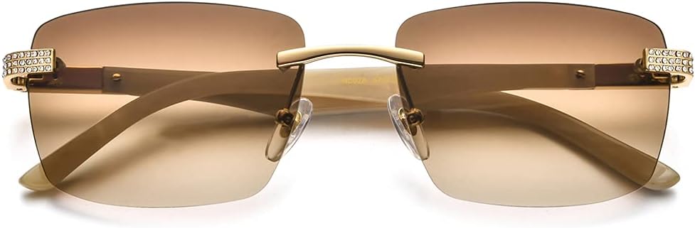 HEPIDEM 100% Really Buffalo Horn Handmade Sun Glasses for Women,Square Rimless Luxury Buffs Sunglasses With Diamonds