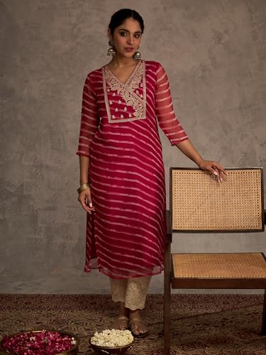 Image of INDO ERA Women's Georgette Leheriya Printed Straight Calf Length Kurtas (IEAI12232)