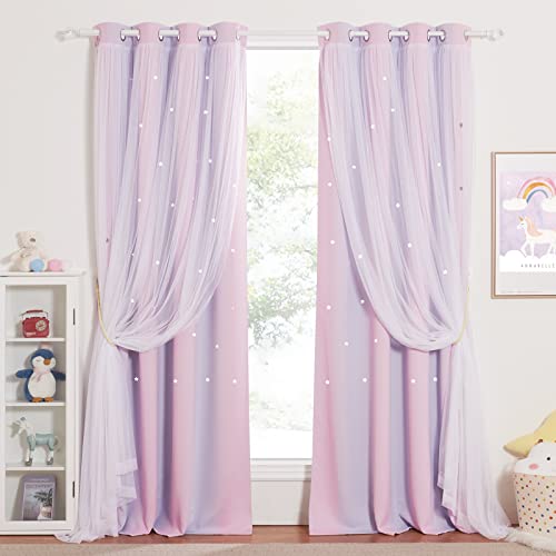 Image of NICETOWN Nursery Room Darkening Rainbow Curtains for Bedroom Hollow-Out Star Window Drapes Curtain 84 inches Length for Living Room (Pink Purple, W52 X L84, 1 Pair)