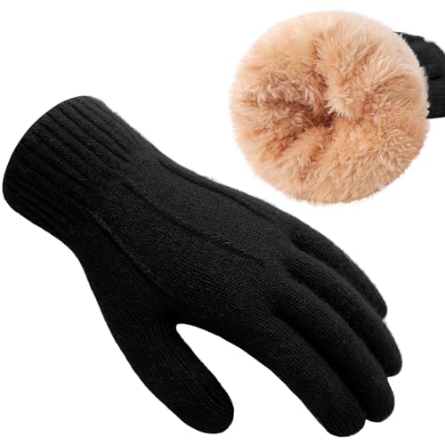 Tavaleu Winter Gloves Women Warm Womens Gloves Touch Screen Thermal Cable Knit Wool Fleece Lined Gloves for Cold Weather, Black