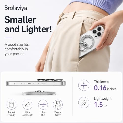 Image of BROLAVIYA Magnetic Phone Ring Holder Grip, Ultra Slim Metal Finger Ring Stand with 360 Rotation, Strong Magnet, Kickstand for iPhone 16 /15 /14 /13 /12 Series & Magnetic Compatible Cases, Silver