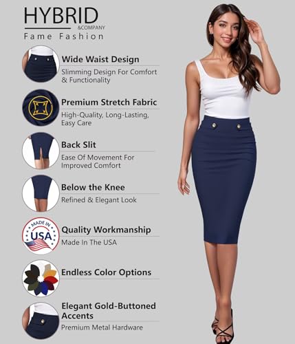 Image of Hybrid & Company Womens Pencil Skirt Premium Nylon Ponte Stretch Office Made in The USA Below Knee