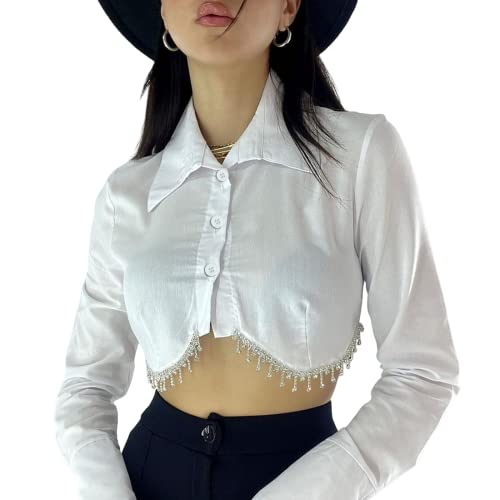 Women Rhinestone Tassel Button Down Shirt Long Sleeve Lapel Cute Blouse Crop Top