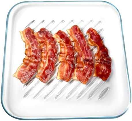 Microwave Bacon Cooker, Square Glass Microwave Bacon Grill Tray 9.84inch,Cook Crispy Bacon in Minutes