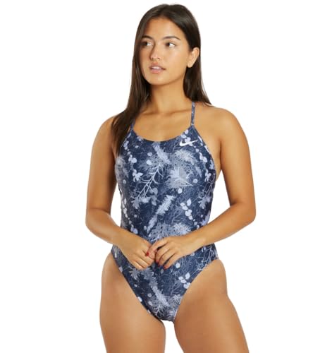 Nike Women's HydraStrong Multi Print Lace Up Tie Back One Piece Swimsuit Ashen Slate, 36