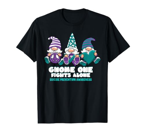 Suicide Prevention Gnome One Fights Alone Wear Purple Teal T-Shirt