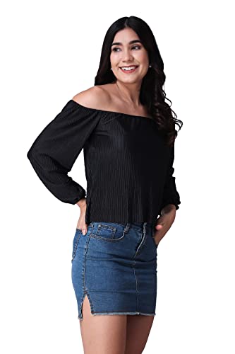 Image of POPWINGS Casual Wrinkle Off Shoulder Crop Top for Women - Designer Stylish Western Full Sleeves