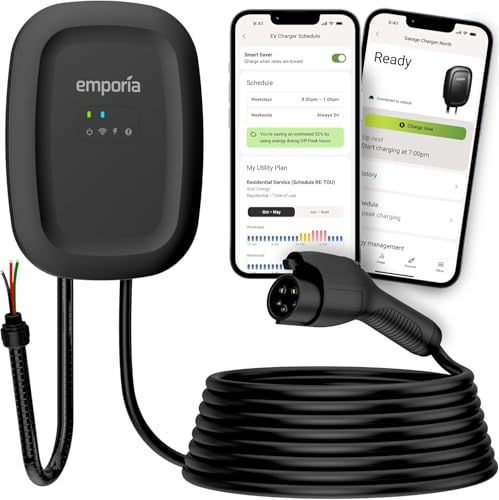 EMPORIA Level 2 EV Charger w/ J1772 Connector — 48 Amp, 240V WiFi Enabled Electric Vehicle Charging Station, 25ft Cable, Hardwired with Whip, Black
