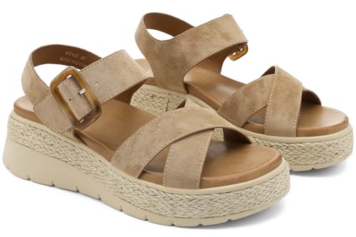 Image of UBFEN Womens Espadrille Platform Sandals Low Wedge Heel - Orthopedic Arch Support, Cushion Insole, Comfortable Dressy Buckle Sandals for Walking and Vacation