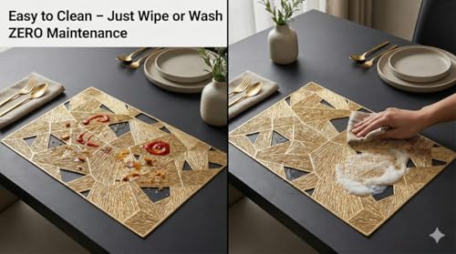 Image of Dining Table Mat and Runner Set for Home Kitchen Reusable Placemat Combo Set for Everyday Dining Use and Table Setup (geomatric Prism + Modern ractangle Runner, Pack of 7 (6+1))